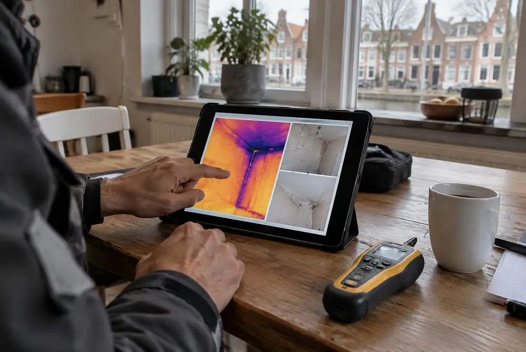 Lekdetectie Nunspeet – lekdetectierapport met warmtebeelden en foto's op een tablet