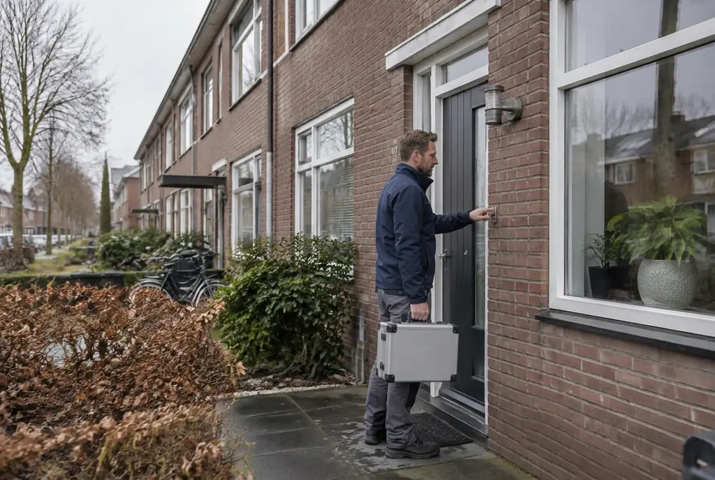 Lekdetectiespecialist met meetkoffer bij de voordeur van een woning in Nunspeet